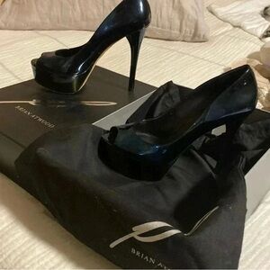 Brian Atwood Glossy Holographic Black Platform Heels